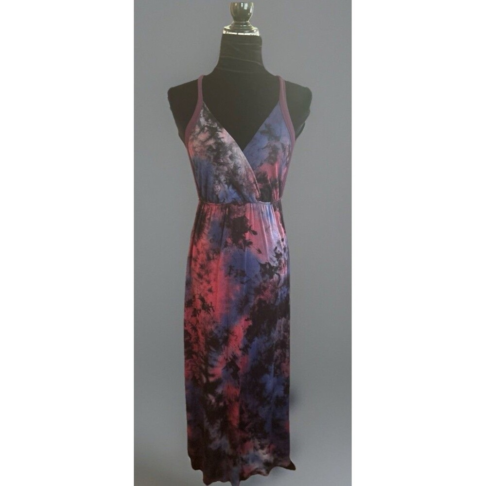 Solemio Tie Dye Maxi Dress Cross Strap Multi Color Elastic Waist  Size S